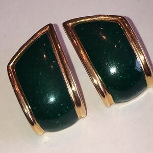 Elegant Gold Tone and Green Enamel Retro Boho Earrings